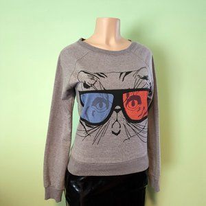 Discontinued Forever 21 Grey Kitty Cat With 3D Glasses Light Sweater Size Small